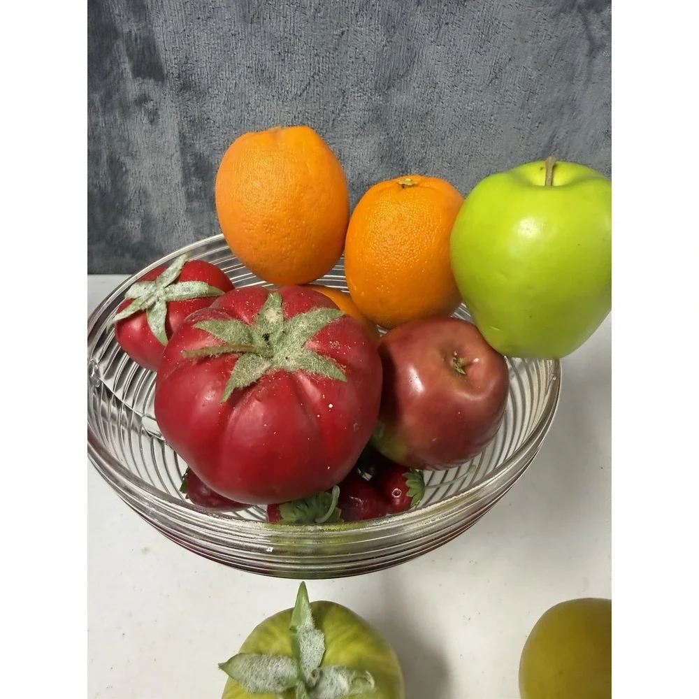 Vtg Anchor Hocking Manhattan Clear Glass Pedestal Fruit Bowl & Faux Fruit Set